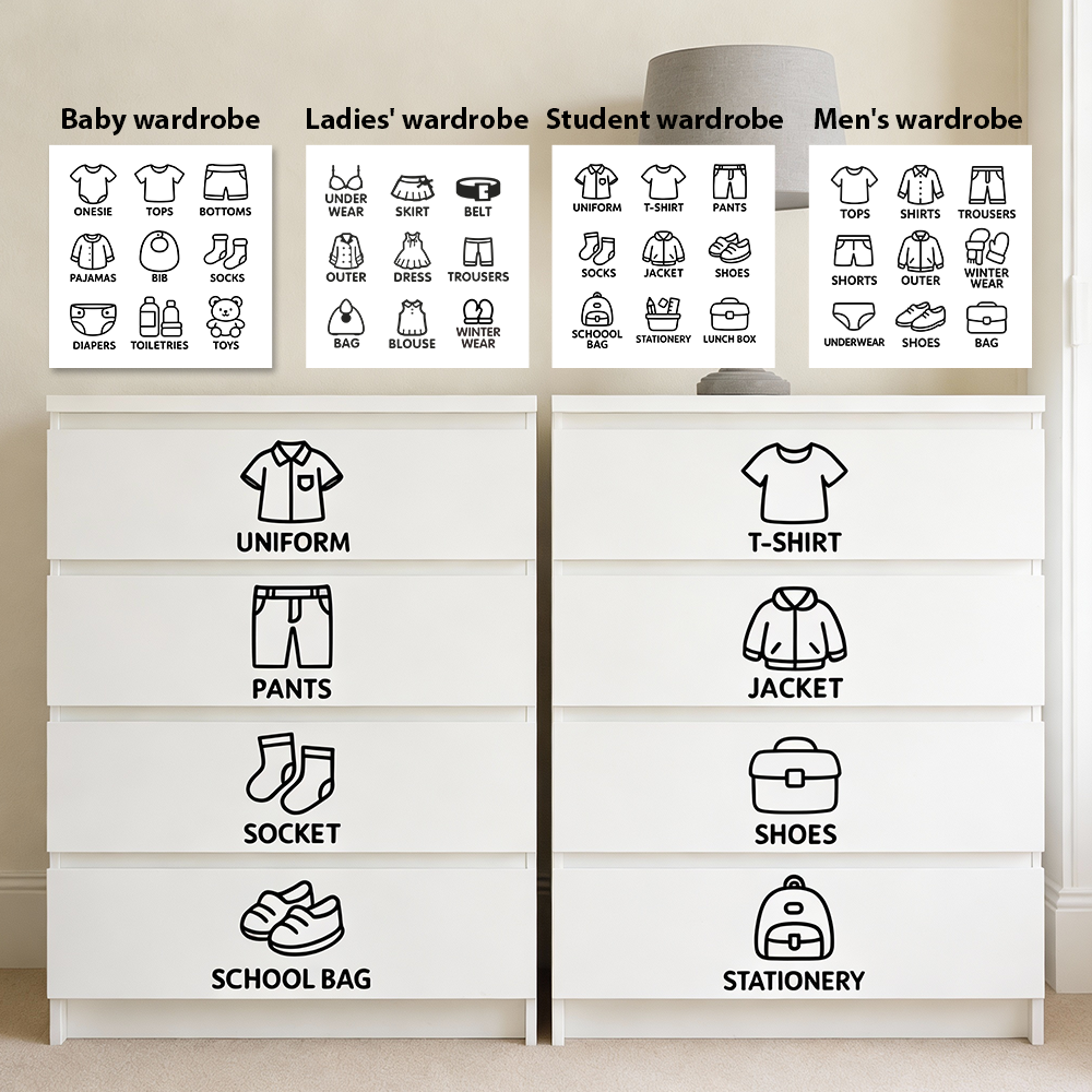 Sticker Sheet Set - 9 pcs/Sheet, Wardrobe Organizer Labels, Closet